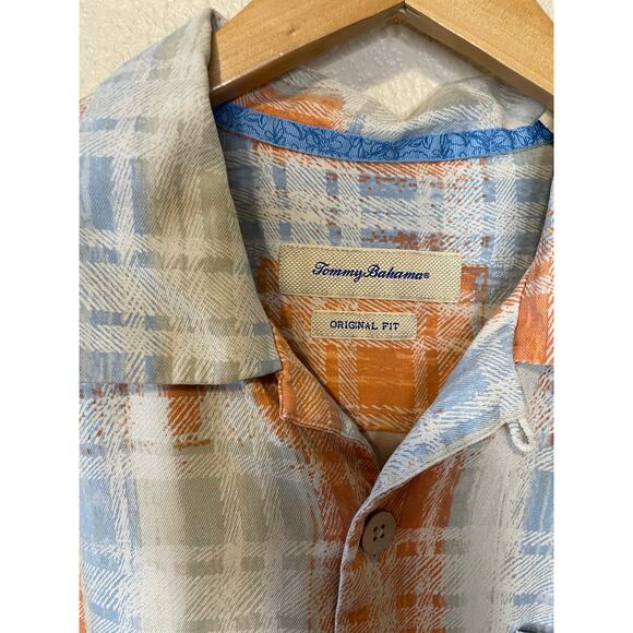 Tommy Bahama Silk Blend Original Fit Button Up Orange & Cream Plaid Top Medium - Picture 5 of 10